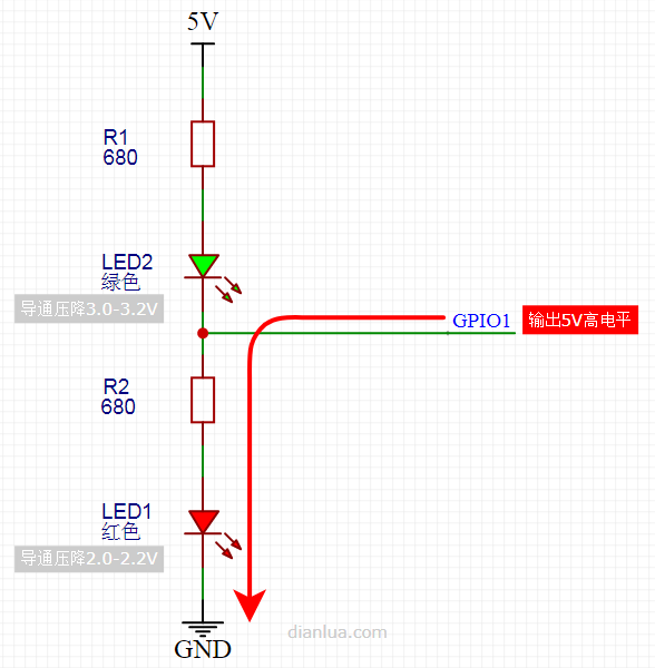 巧用1个GPIO控制2个LED灯显示4种状态