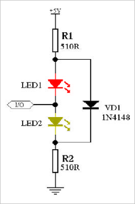 用实验讲解：巧用1个GPIO控制2个LED显示4种状态